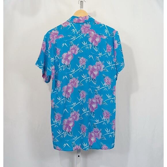 Vintage 90s Blouse Turquoise Blue Hawaiian Floral Top Shirt Misses Size S - Picture 3 of 5